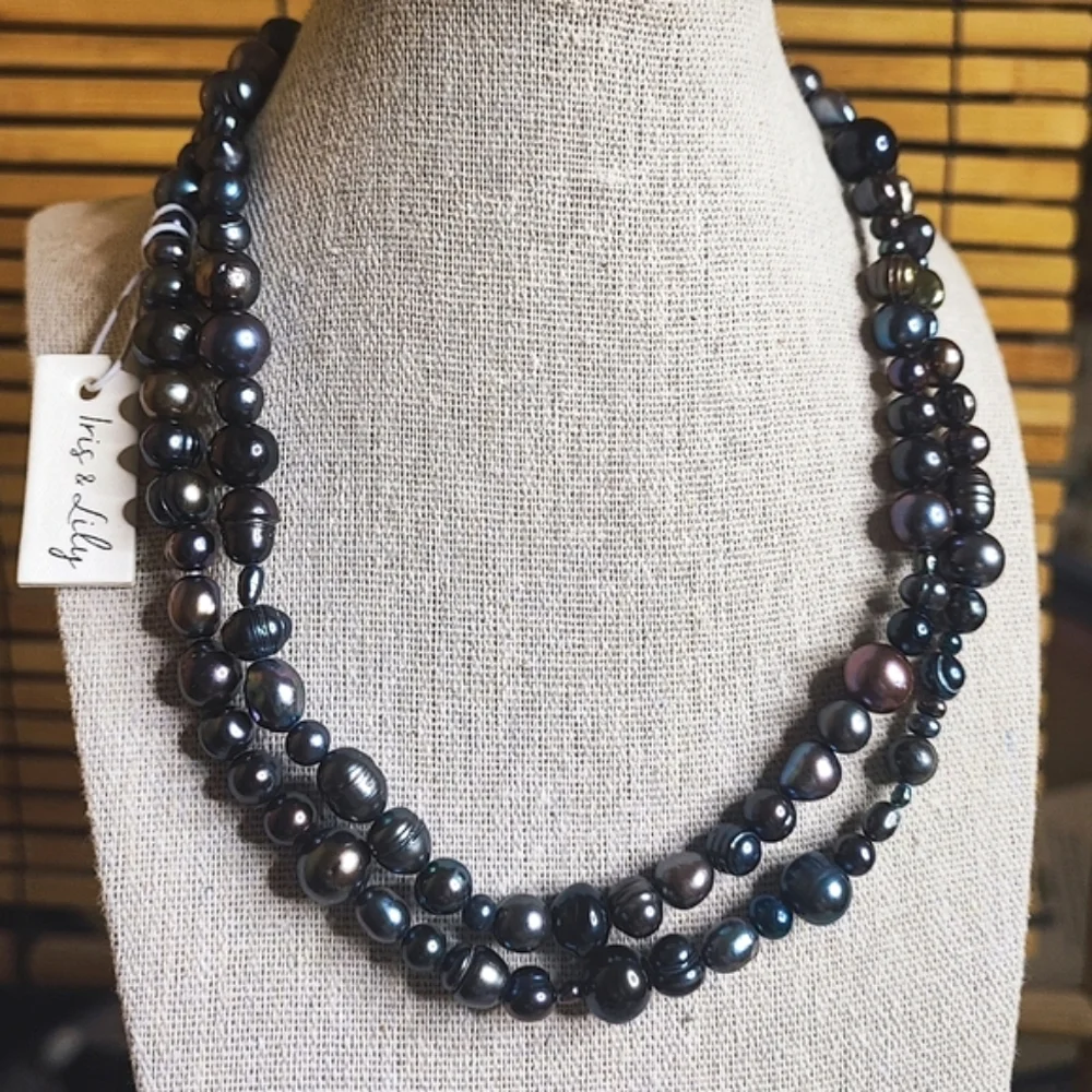 Peacock Freshwater Glass Pearls Gray Purple Lavender Cream Long Strand Necklace